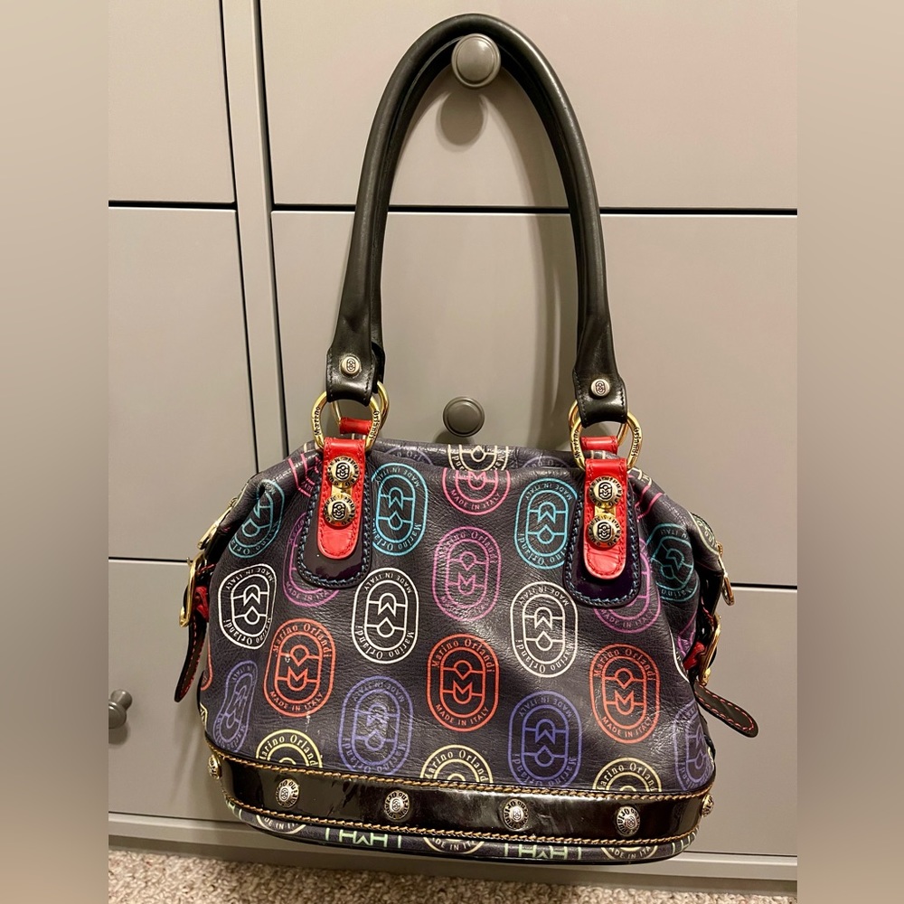Authentic Marino Orlandi leather logo multicolor black satchel bag 🔥 RARE
